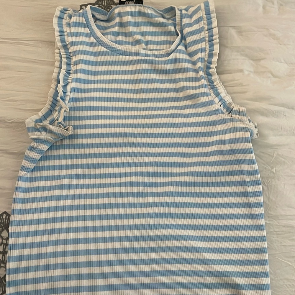 J. Crew Blue and White Striped Ruffle Sleeve Tank